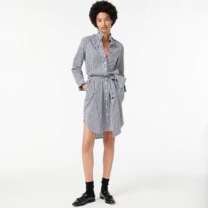 J‎ Crew Classic Fit Ruffleneck Shirtdress Midi Long Sleeve 6 Navy White Check